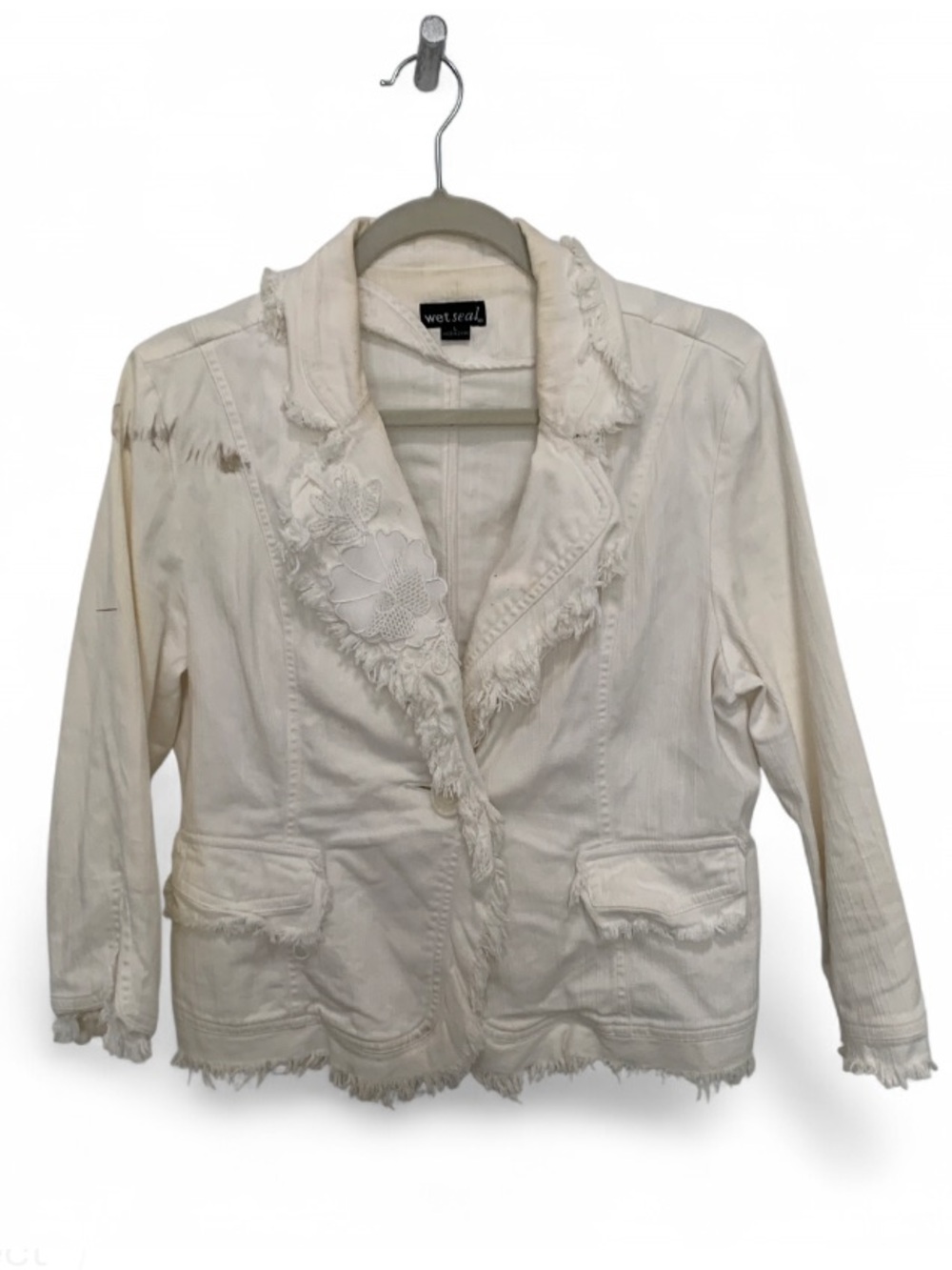 Y2K Wet Seal Cream Frayed-Trim Single Button Blazer